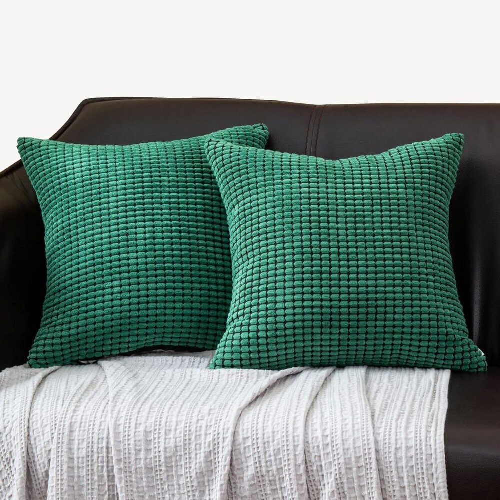 2 Emerald Green Decor Throw Pillow Covers 20x20" Square Checkered Corduroy